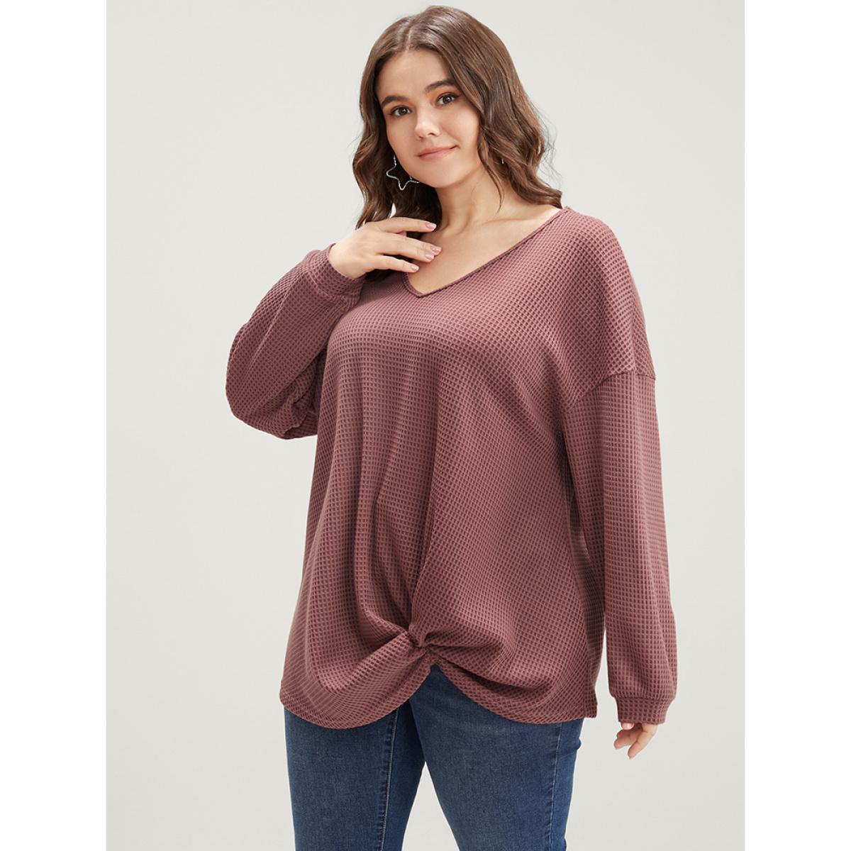 Plus Size Solid V Neck Twist Front Waffle Knit Sweatshirt Women DustyPink Elegant Asymmetrical V-neck Dailywear Sweatshirts BloomChic 22-24/3X Product Image
