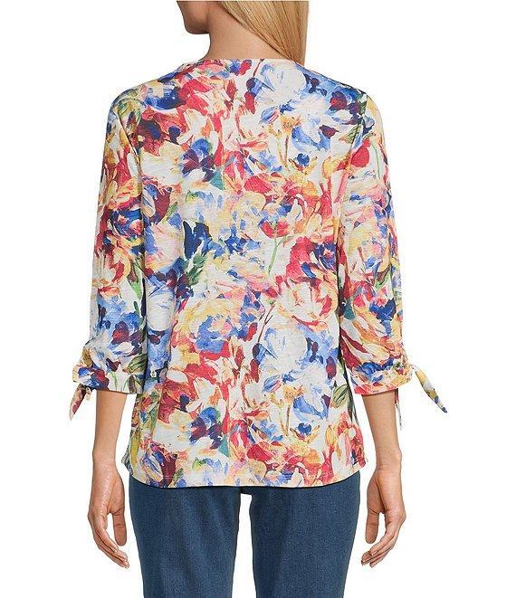 Allison Daley Petite Flower Swirl 3/4 Sleeve Keyhole Neck Knit Top Product Image