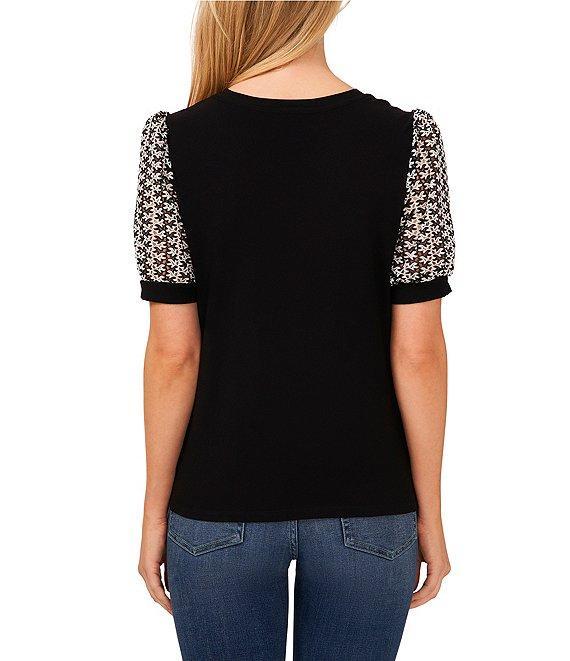 CeCe Mixed Media Crew Neck Short Puff Sleeve Tee Product Image