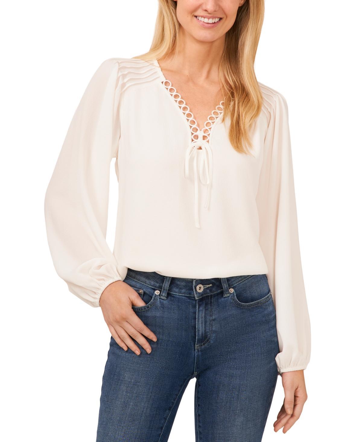 CeCe Womens Circular Trim Pin-Tuck Long Sleeve Blouse Product Image