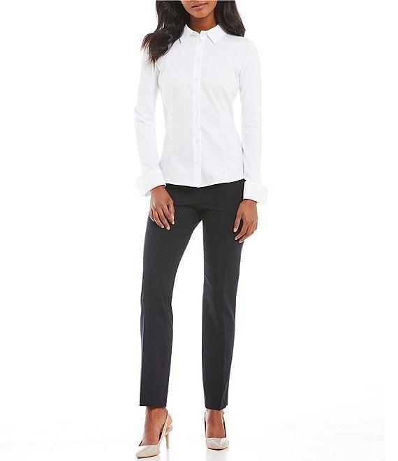 Calvin Klein Point Collar Long Sleeve Button Cuff Mixed Fabric Woven Knit Shirt Product Image