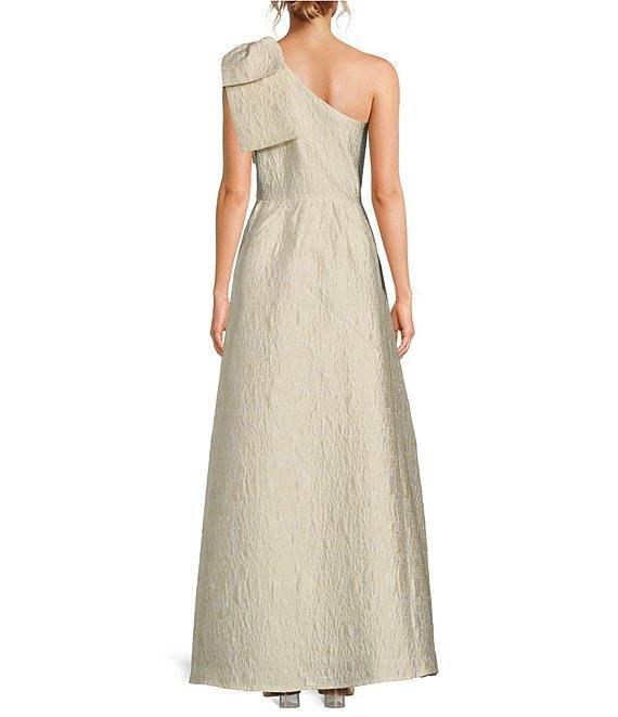 Abbey Glass Caroline Organza Floral Jacquard Asymmetrical Neck Sleeveless Bow One Shoulder Bow Pocketed A-Line Gown Product Image
