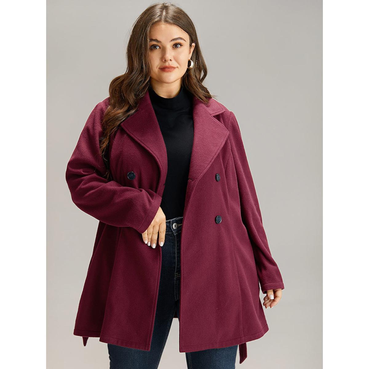 Plus Size Plain Button Up Belted Lapel Collar Coat Women Burgundy Casual Plain Ladies Dailywear Winter Coats BloomChic 12/L Product Image