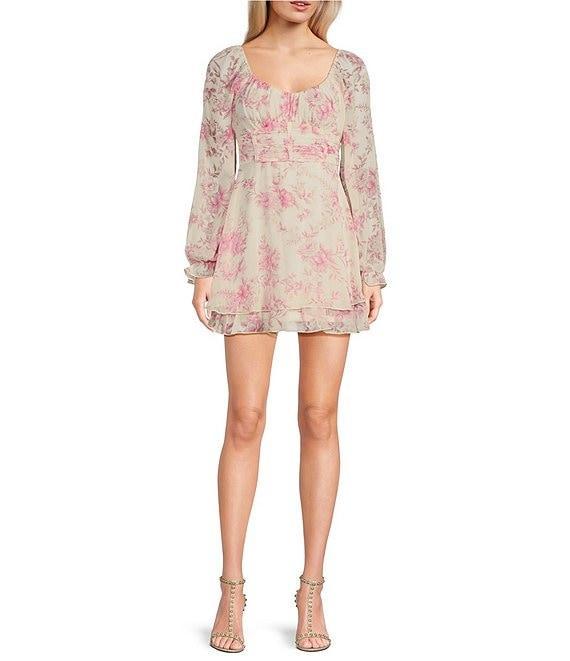 Allison & Kelly Chiffon Floral Print V-Neck Long Sleeve Dress Product Image