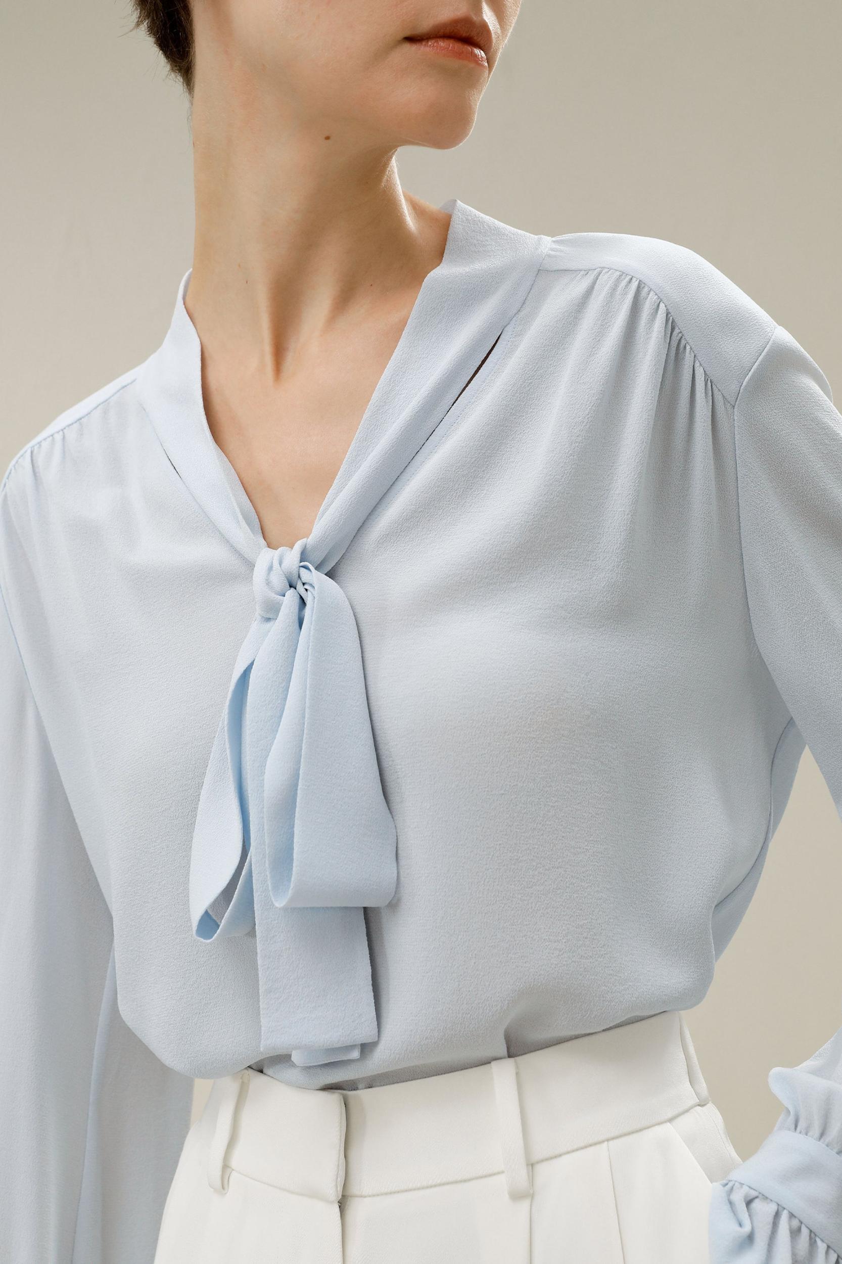 Silk V-neck Ribbon Blouse Product Image