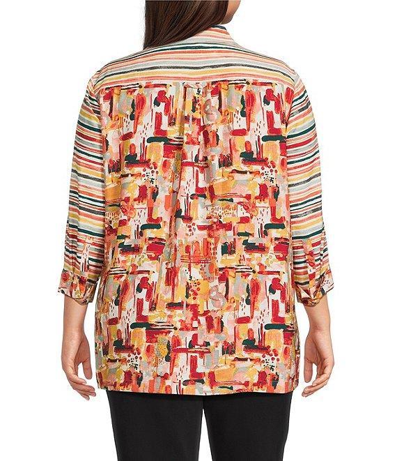 Multiples Plus Size Woven Multi Print Point Collar 3/4 Sleeve Button Front Fitted Shirt Product Image