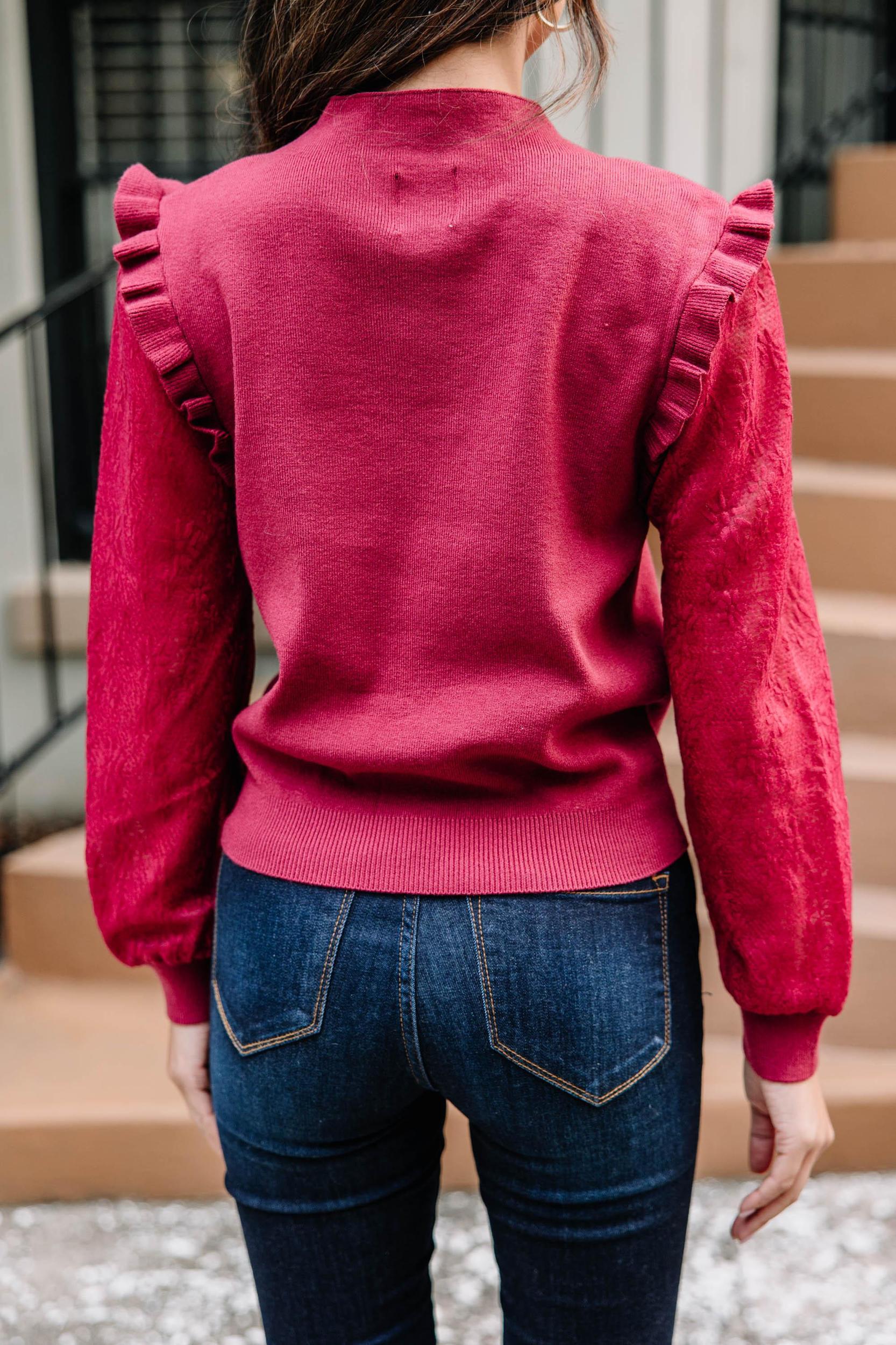 All Around The Way Wine Red Ruffled Sweater Female Product Image