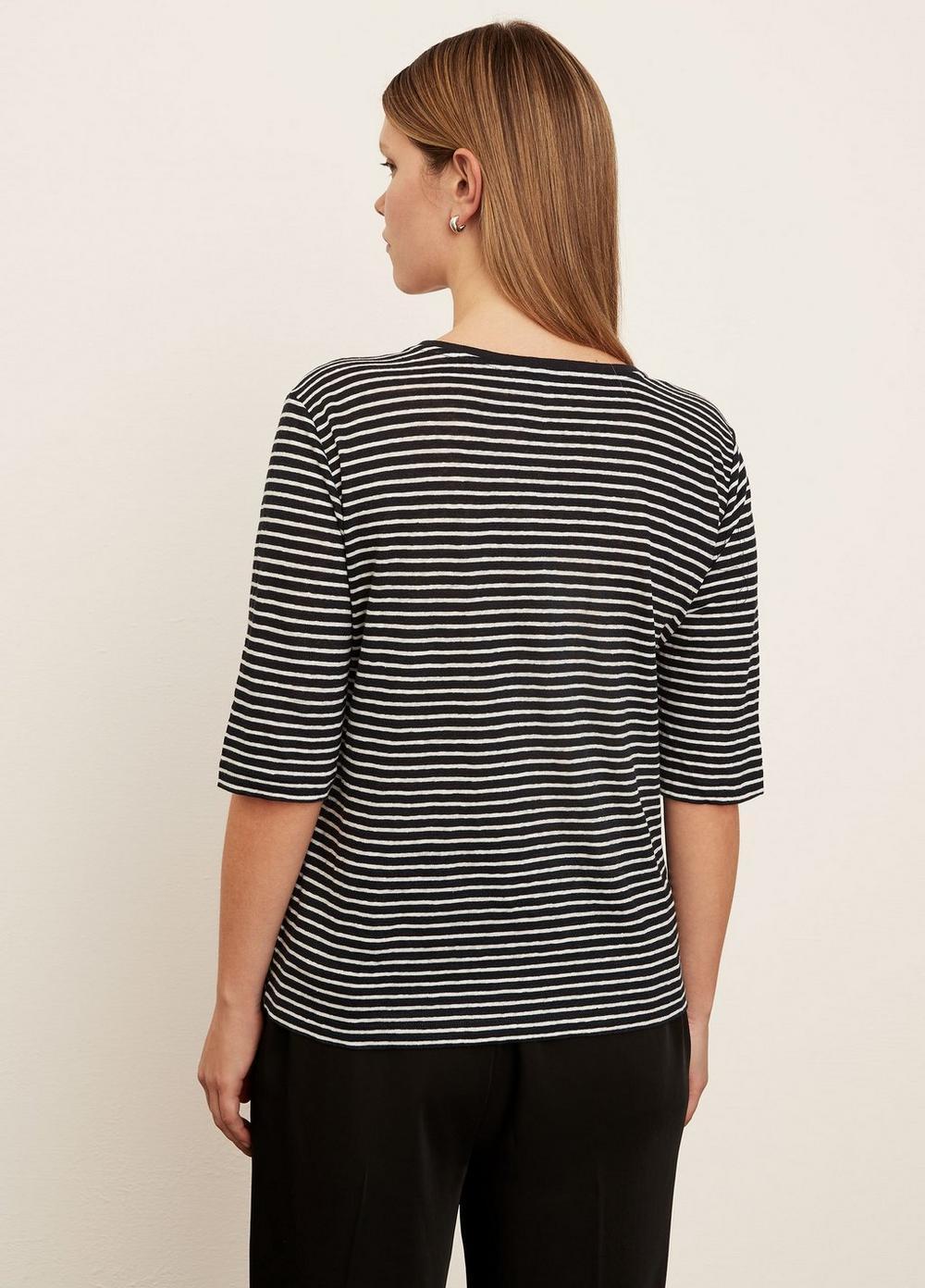 Womens Striped Linen Elbow Sleeve Crew Neck T-Shirt, Coastal Blue/optic White, Size 3XL Vince Product Image