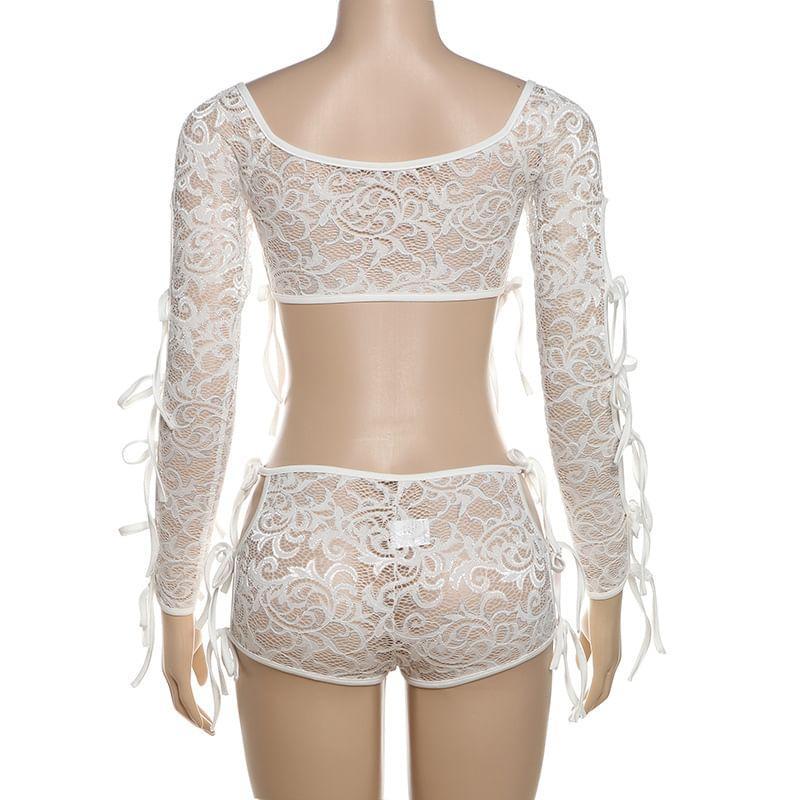 Set: Long Sleeve Square Neck Plain Cutout Tie-Up Lace Crop Top + Mid Rise Shorts Product Image