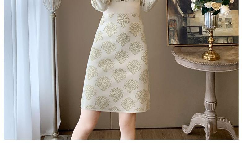 Long-Sleeve Crew Neck Patterned Knit Sheath Dress Product Image