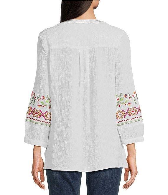 Calessa Embroidered Patchwork Split V-Neck 3/4 Sleeve Tunic Product Image