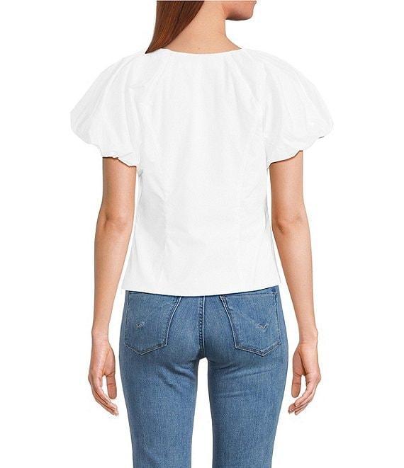 ASTR the Label Aine Poplin Crew Neck Bubble Sleeves Tie Bow Top Product Image