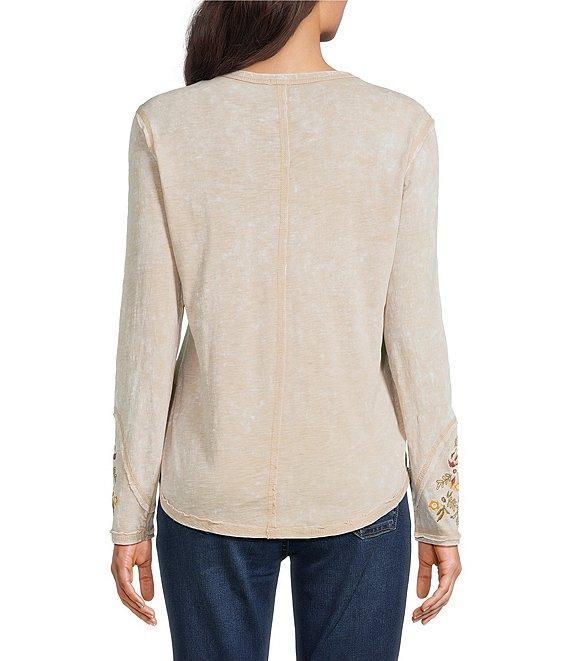 Reba Sedona Scoop Neck Long Sleeve Embroidered Henley Tee Product Image