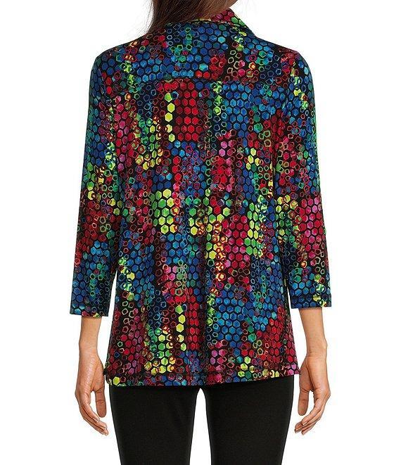 Ali Miles Knit Abstract Tile Print Point Collar 3/4 Sleeve Hi-Low Hem Button-Front Tunic Product Image