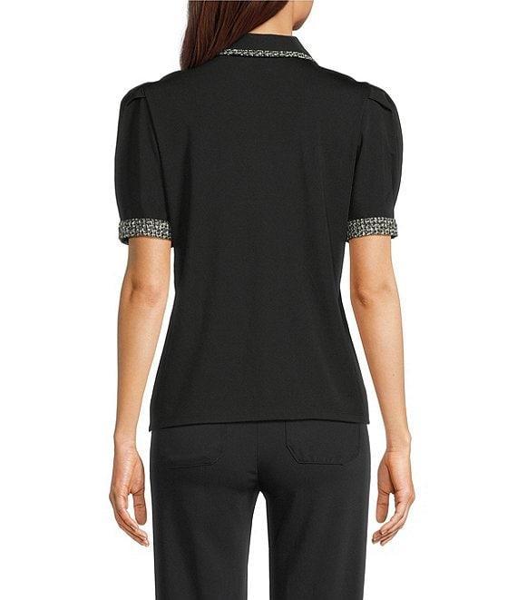 KARL LAGERFELD PARIS Knit Jersey Point Collar Short Sleeve Tweed Trim Top Product Image