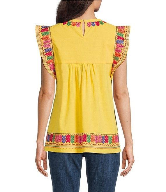 Calessa Petite Size Embroidered Round Neck Ruffle Cap Sleeve Tunic Product Image