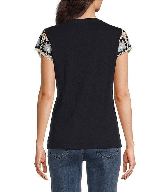 Charlie B. Mixed Media Crew Neck Crochet Cap Sleeve T-Shirt Product Image
