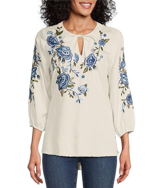 Reba Floral Embroidered 3/4 Sleeve Tie Split V-Neck Frayed High-Low Hem Peasant Tunic Product Image
