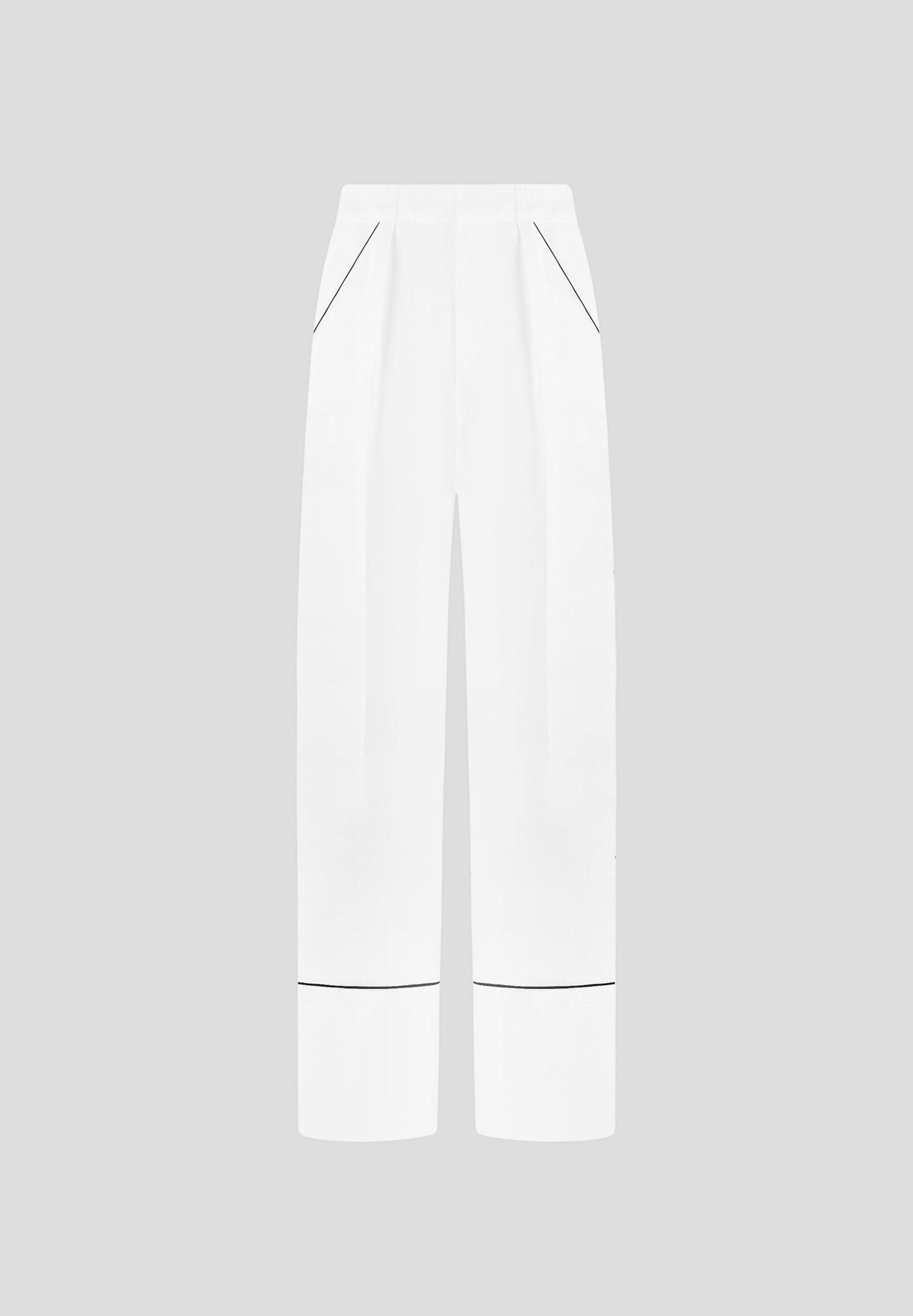 Contrast Piped Pleated Trousers - White/Black Female Product Image