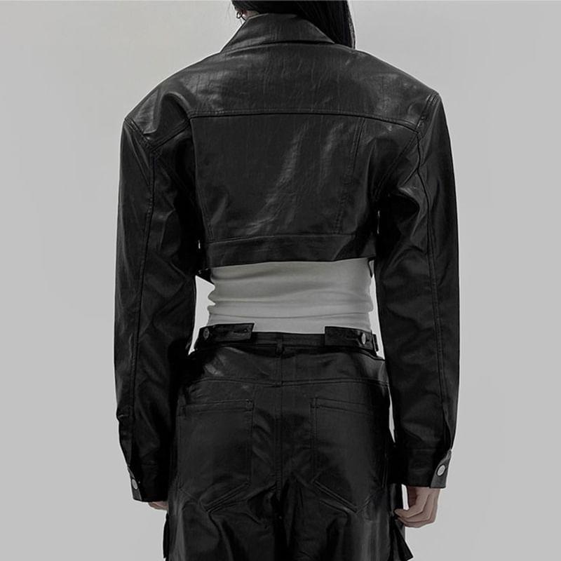 Collared Plain Button-Up Faux Leather Crop Jacket Product Image