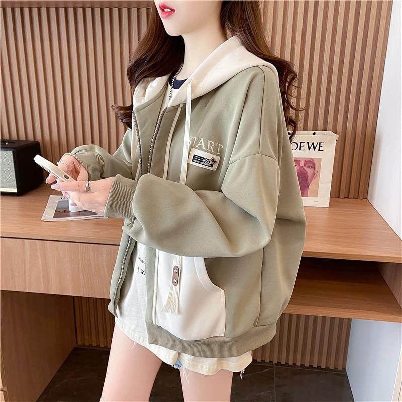 Two Tone Lettering Embroidered Zip-Up Hoodie Product Image