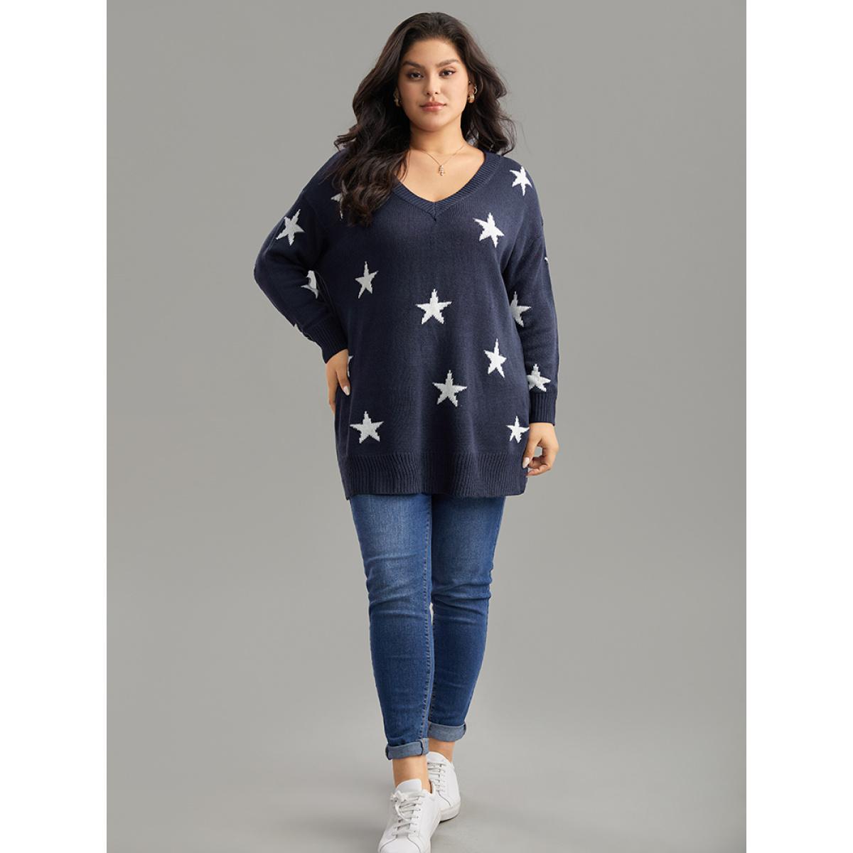Plus Size Star Print Drop Shoulder Cardigan Indigo Women Casual Loose Long Sleeve V-neck Dailywear Pullovers BloomChic 10/M Product Image