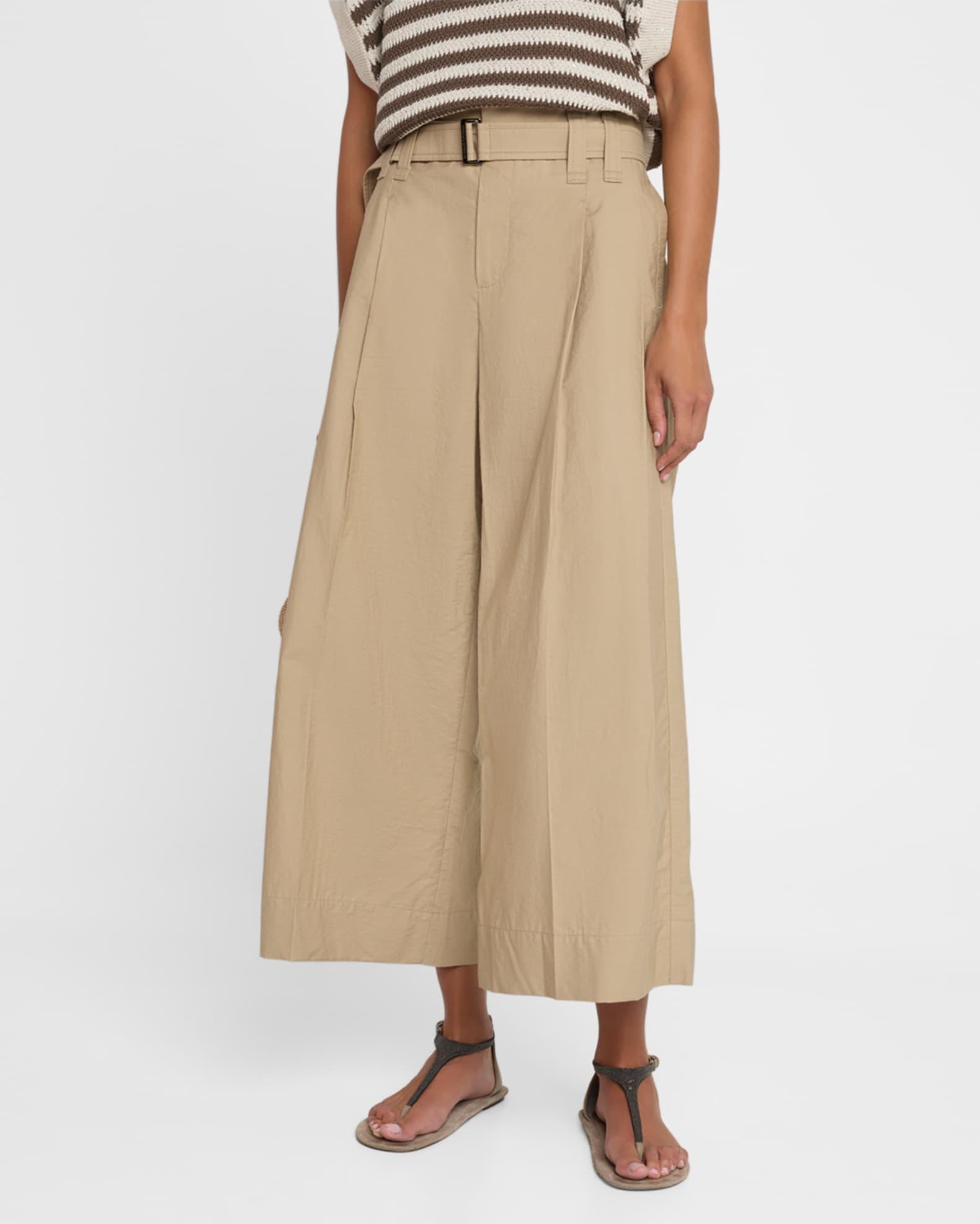 Pleated Cotton Wide-Leg Crop Trousers With Belt Product Image