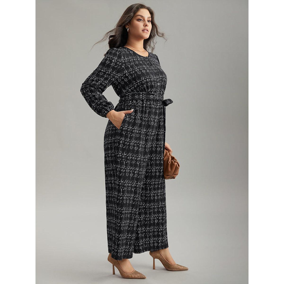 Plus Size Black Textured Button Up Elastic Waist Belted Jumpsuit Women Office Long Sleeve Round Neck Work Loose Jumpsuits BloomChic 10/M Product Image