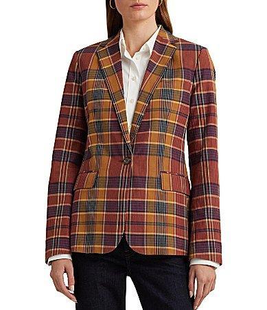 Lauren Ralph Lauren Cotton Madras Blazer (Navy Multi) Women's Jacket Product Image