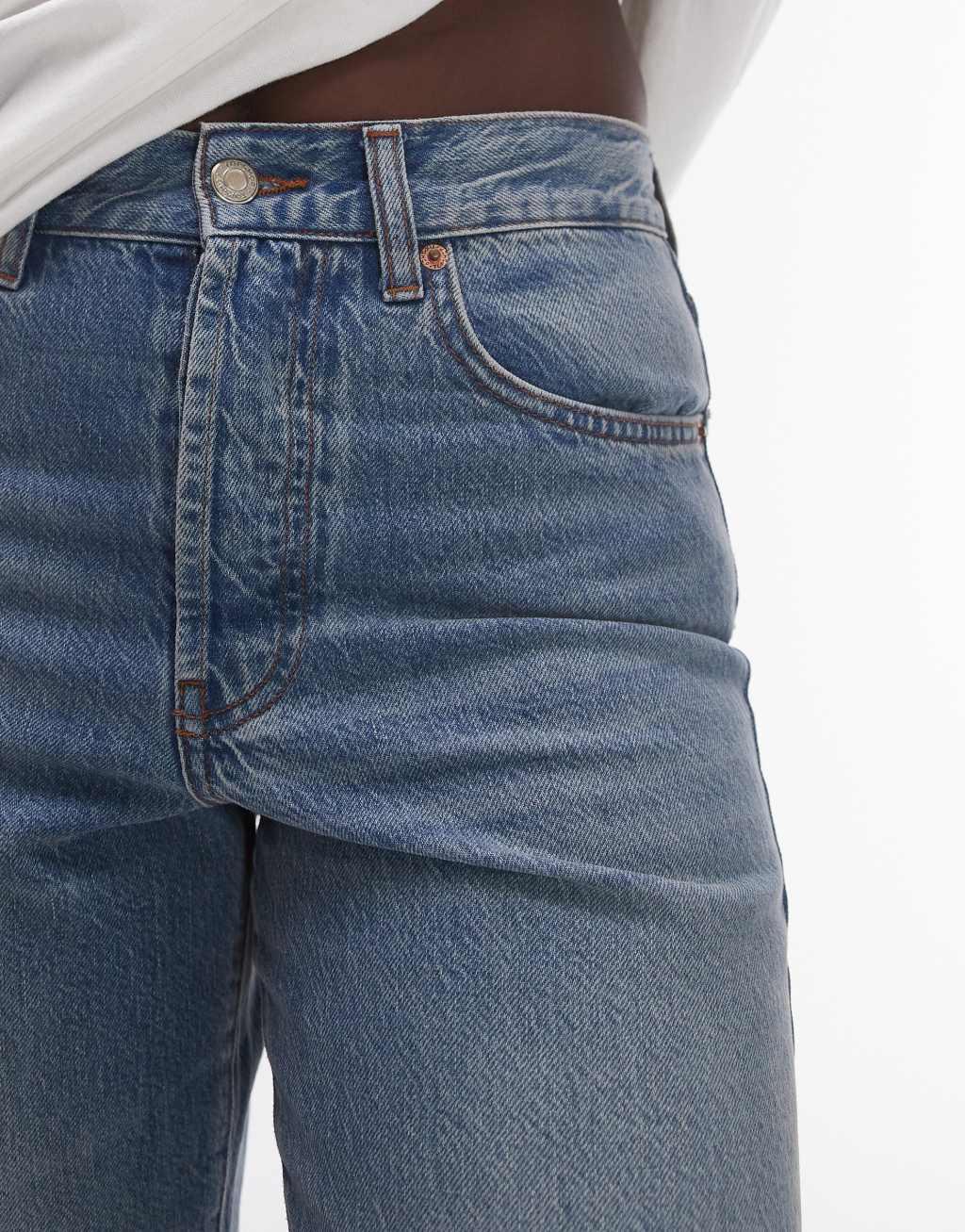 Topshop Tall mid rise loose fit straight jeans in mid blue Product Image