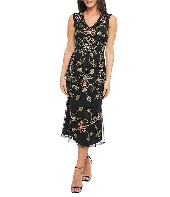 Marina Floral Embroidered Soutache V-Neck Sleeveless Midi Sheath Dress Product Image