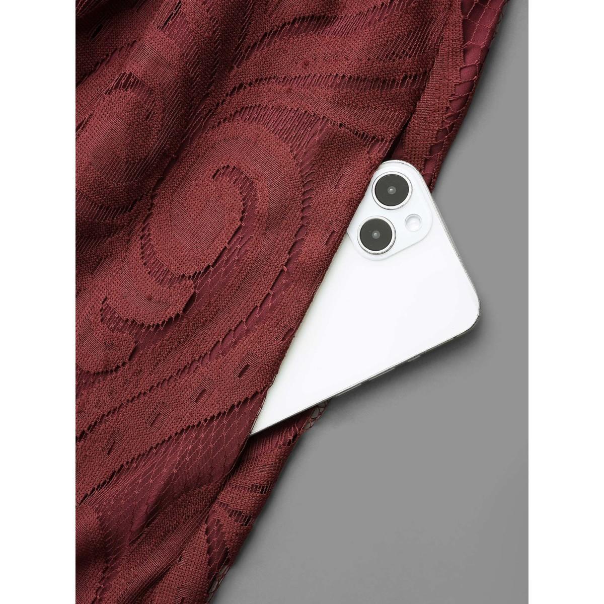 Plus Size Crochet Lace Mesh Lantern Sleeve Dress Burgundy Women Cocktail Overlapping Party Curvy Bloomchic 22-24/3X Product Image