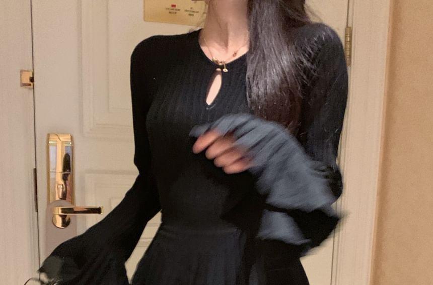 Long-Sleeve Crew Neck Plain Cutout Pleated Mini A-Line Knit Dress Product Image