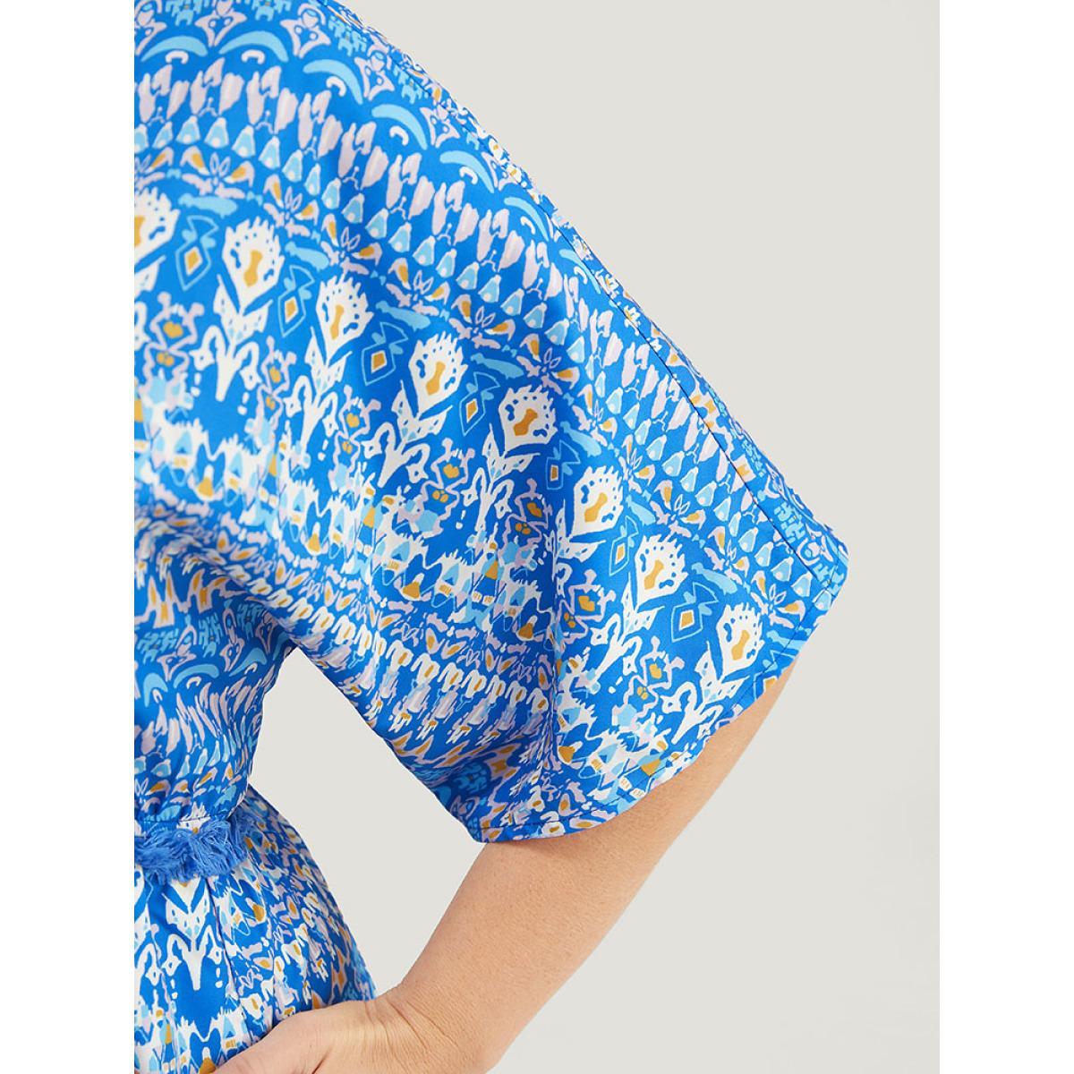 Plus Size Bandana Print Dolman Sleeve Knot Fringe Trim Split Dress Blue Women Vacation Tassels V-neck Short sleeve Curvy Midi Dress BloomChic 14-16/1X Product Image