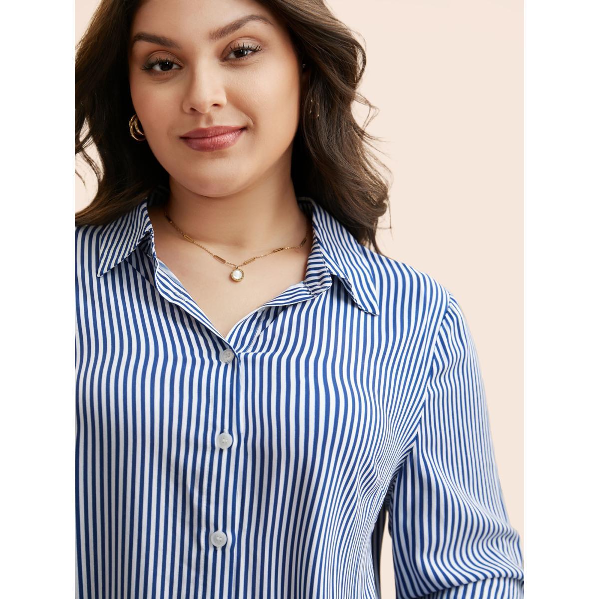 Plus Size Mediumblue Striped Shirt Collar Shirred Blouse Women Elegant Long Sleeve Shirt collar Everyday Blouses BloomChic 12/L Product Image