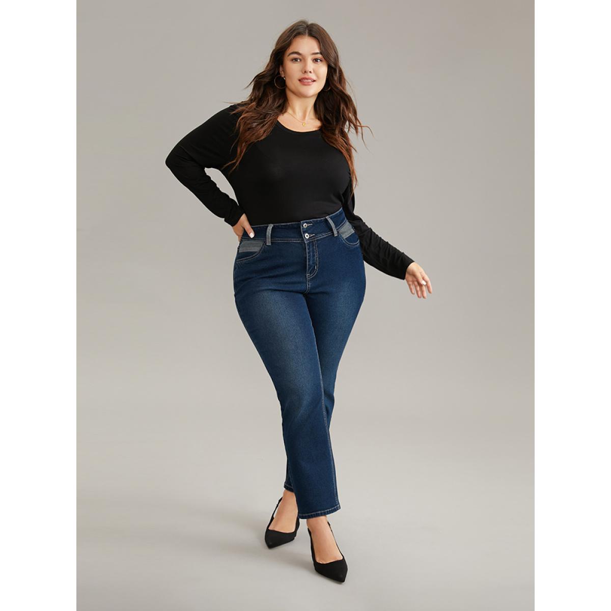 Plus Size Contrast Patchwork Dark Wash Straight Leg Jeans Women Indigo Casual Plain Contrast High stretch Pocket Jeans BloomChic 18/2X Product Image