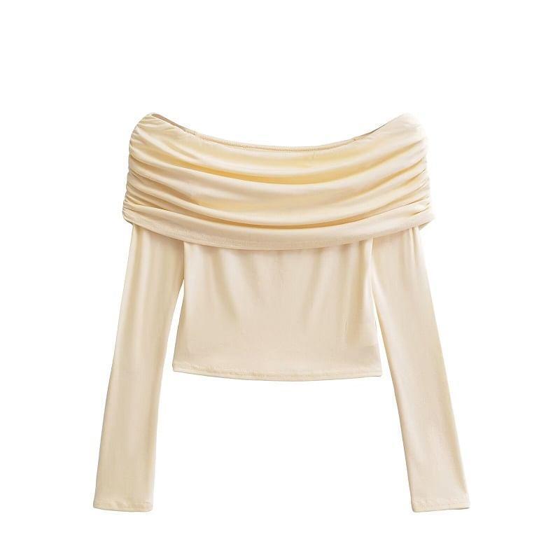 Long-Sleeve Off-Shoulder Plain Ruched Crop Slim Fit T-Shirt / High Waist Midi A-Line Skirt Product Image