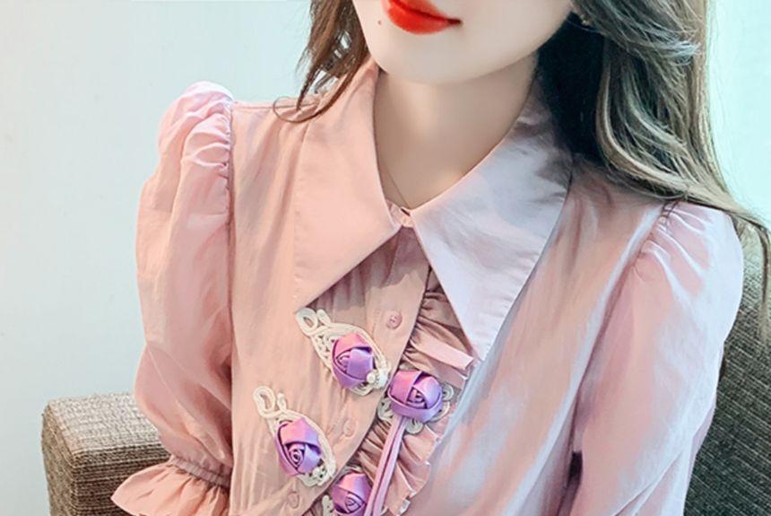 Puff-Sleeve Plain Flower Detail Blouse Product Image