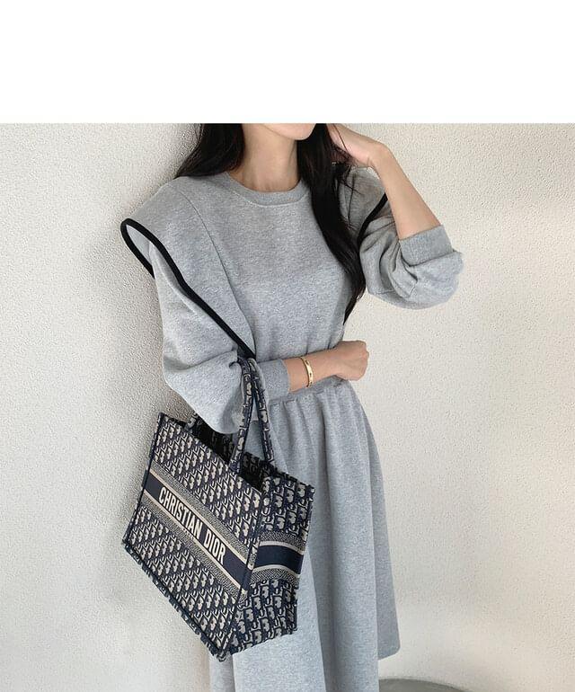 Long Sleeve Round Neck Contrast Piping Midi Sweatshirt Dress Product Image