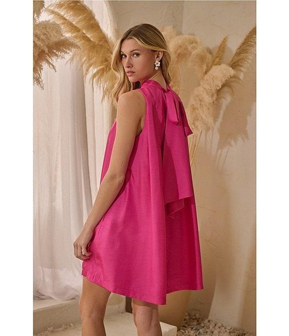 Sugarlips Keyla Trapeze Solid Taffeta Mock Neck Back Tie Bow Mini Dress Product Image