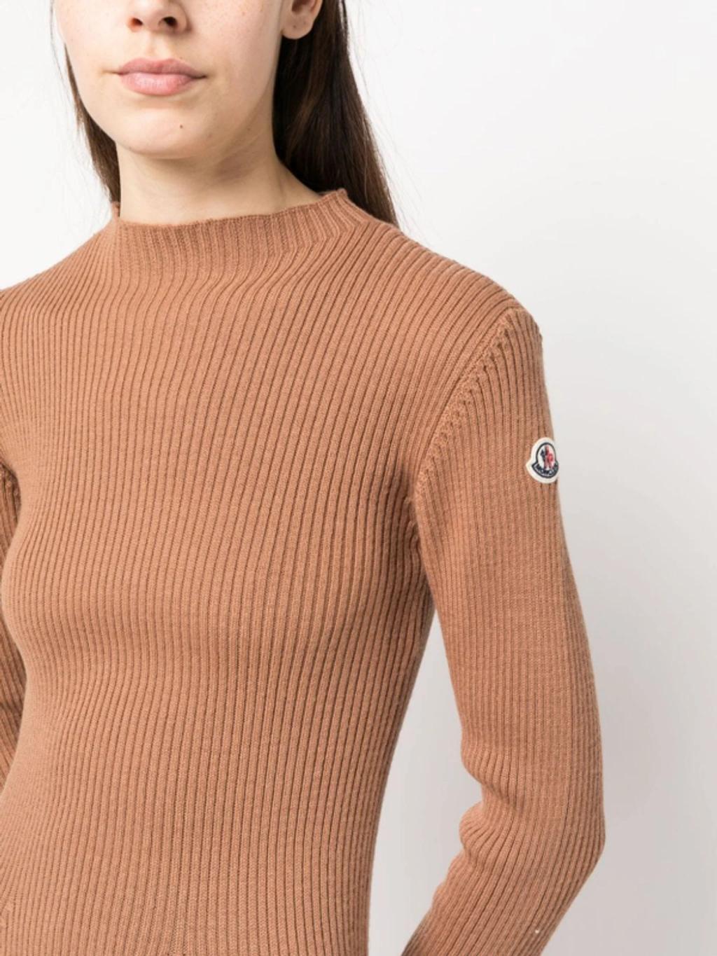 MONCLER Ribbed Knit Wool Midi Dress In Camel Product Image