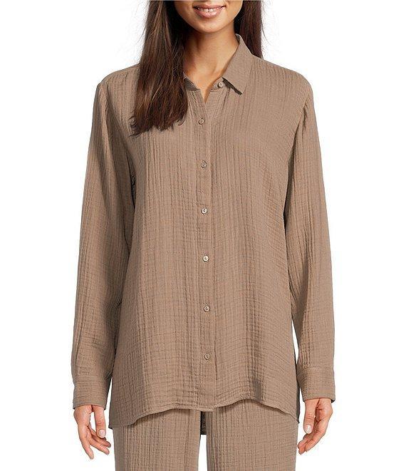 Eileen Fisher Petite Size Organic Cotton Gauze Point Collar Long Sleeve Top Product Image