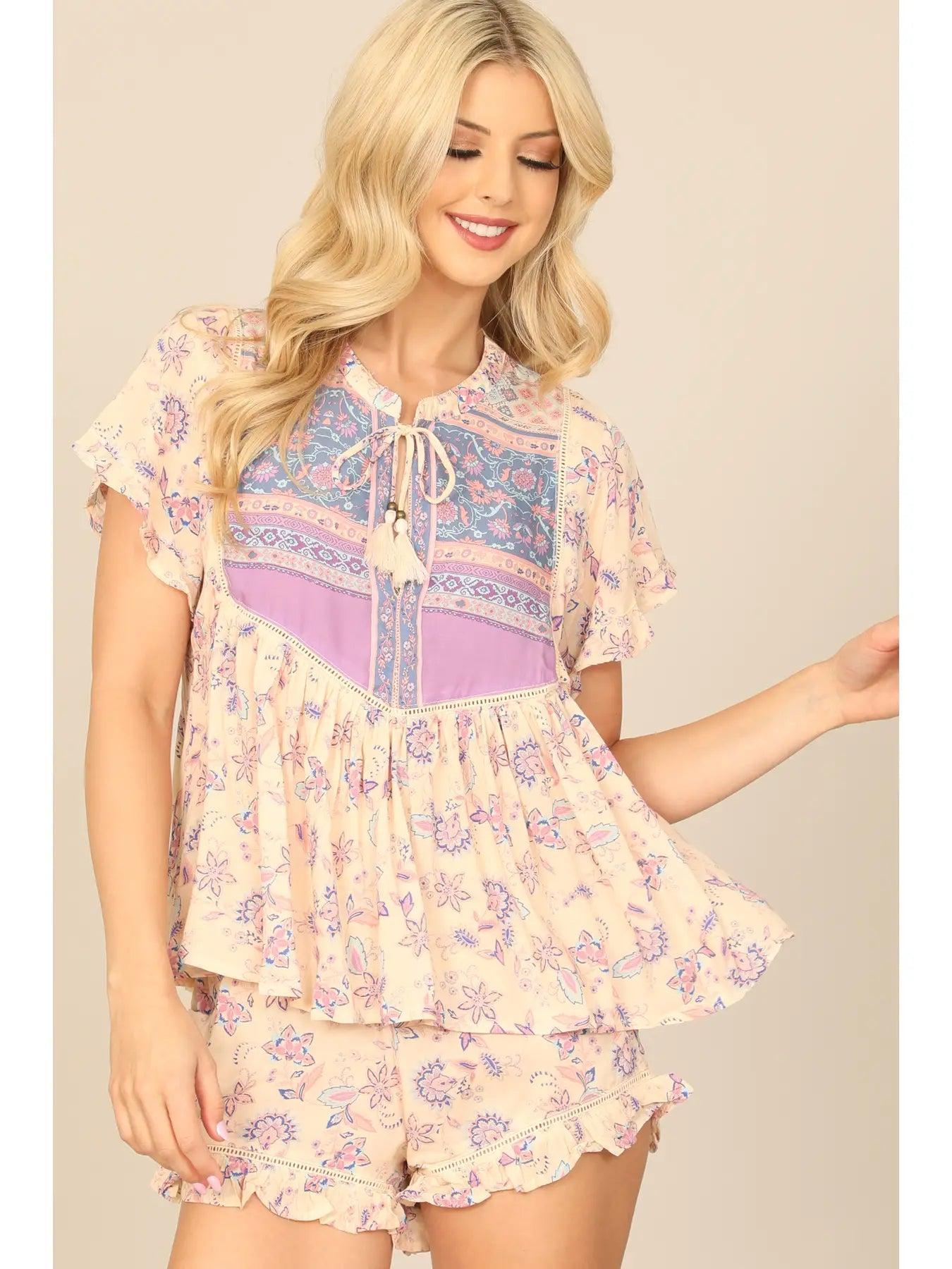 Blue Tassel Tie Ruffle Hem Top & Short Set Product Image