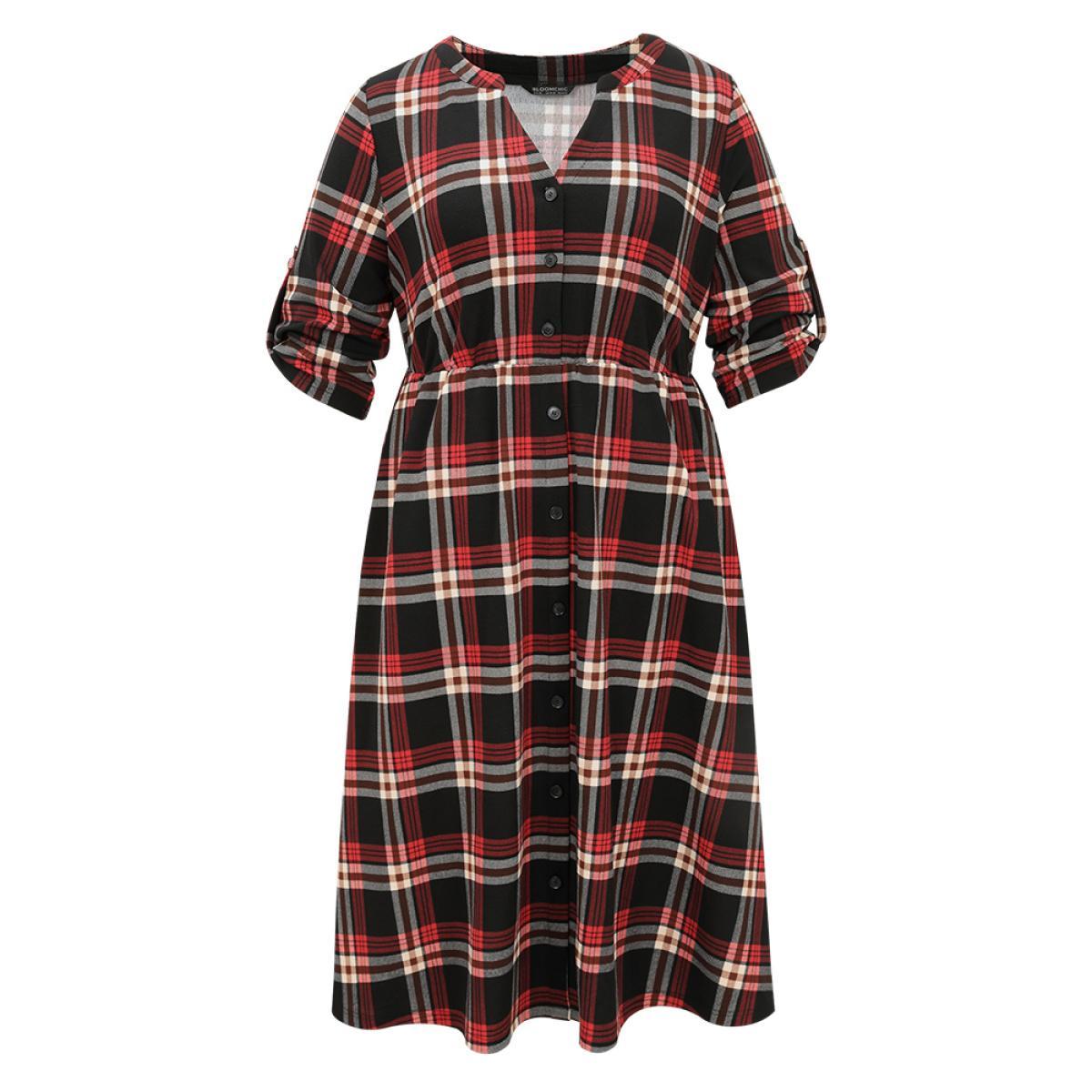 Plus Size Plaid Notched Elastic Waist Tab Sleeve Dress Raspberry Women Office Printed Notched collar Elbow-length sleeve Curvy Midi Dress BloomChic 30/6X Product Image