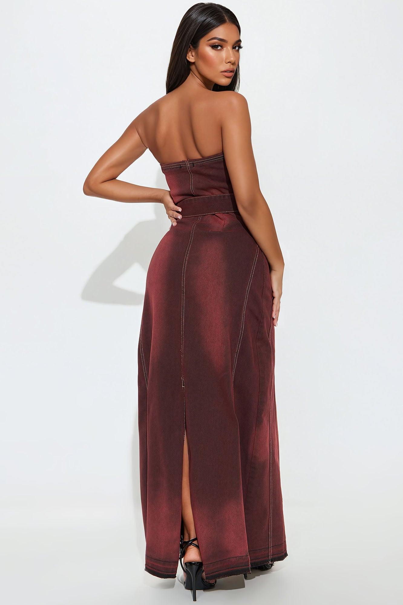 Mila Denim Maxi Dress - Burgundy Product Image