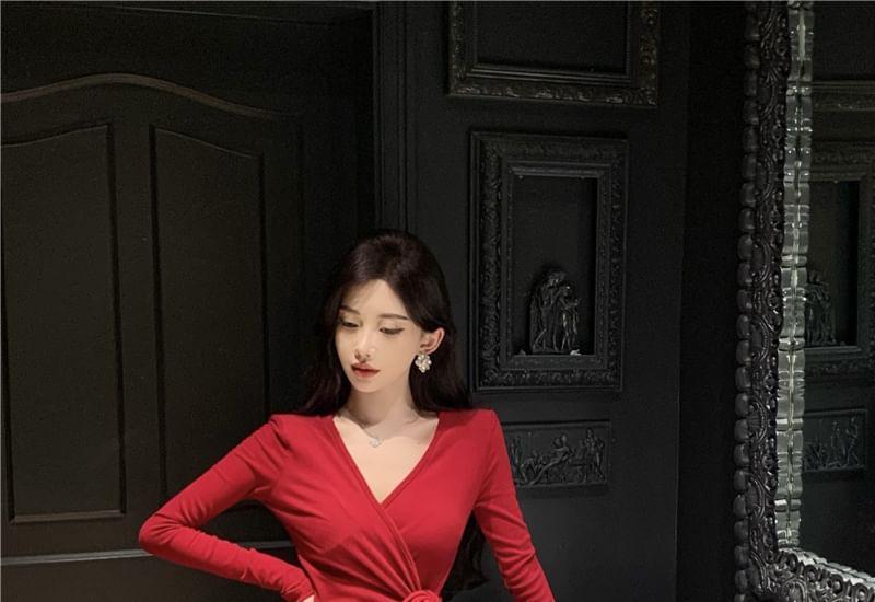 Long-Sleeve V-Neck Wrapped Plain Maxi Sheath Dress Product Image