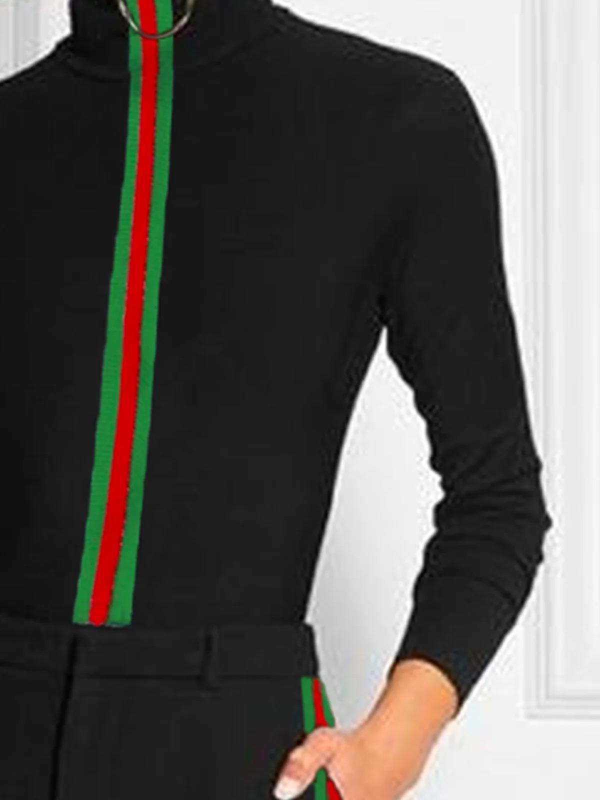 Long Sleeves Skinny Contrast Color Striped High Neck T-Shirts Tops Product Image