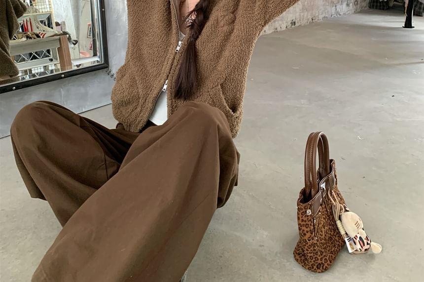 Hooded Plain Cardigan / High Waist Wide Leg Pants Product Image