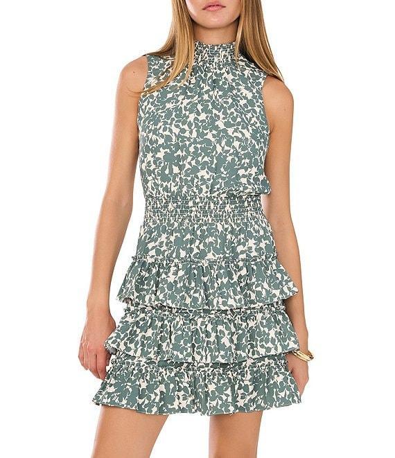 1. STATE Floral Print Mock Neck Smocked Tiered Blouson Mini Dress Product Image