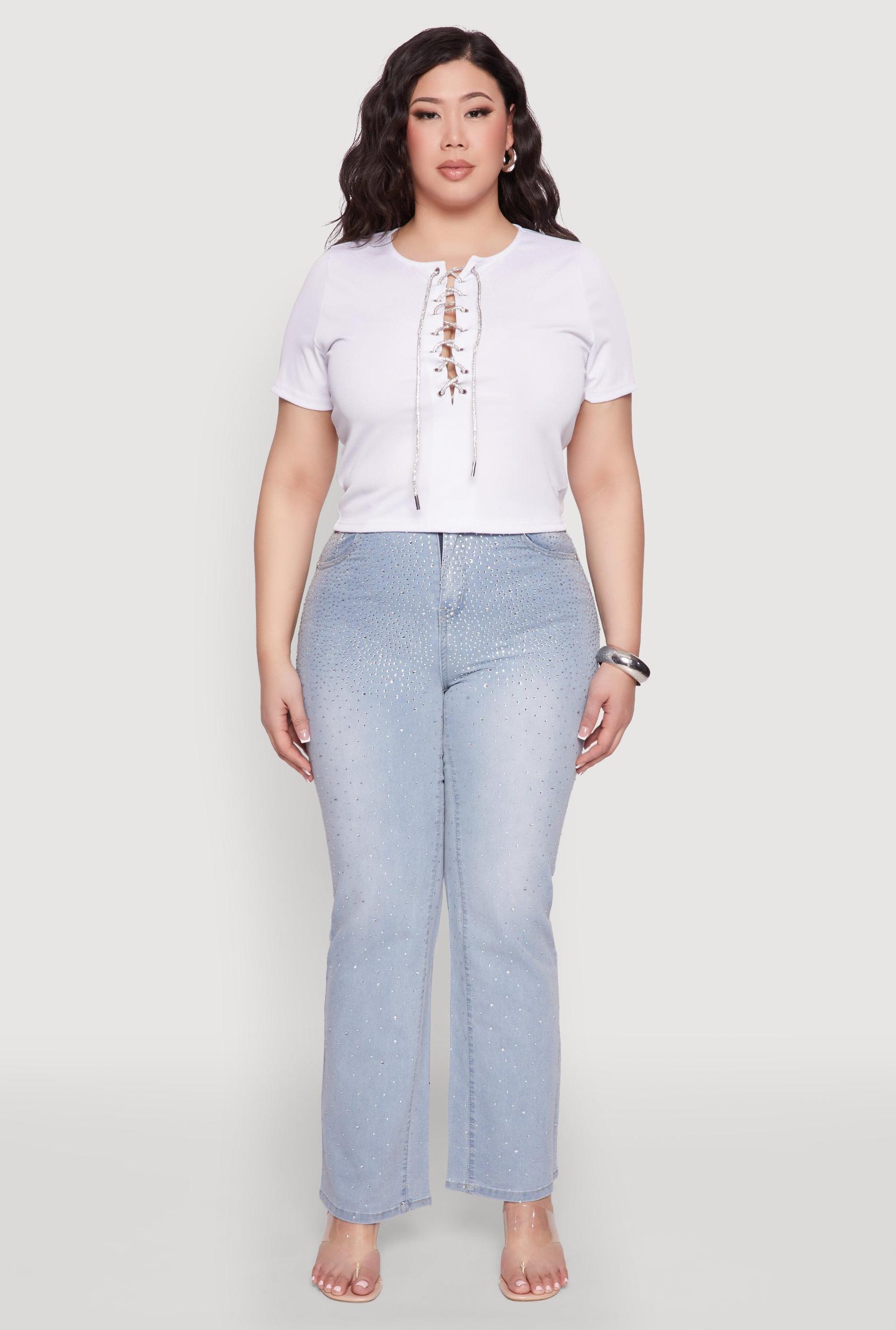 Womens Plus Size Rhinestone Lace Up Short Sleeve Top Product Image